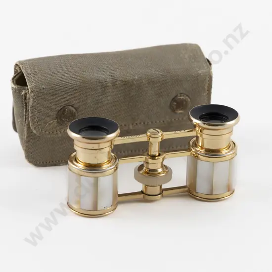 Cased Pair Migon 25X Gilt Metal and MOP Opera Glasses