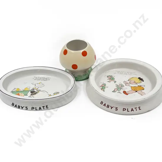 Shelley Mable Lucie Attwell Two Childs Plates and Muschroom Vase