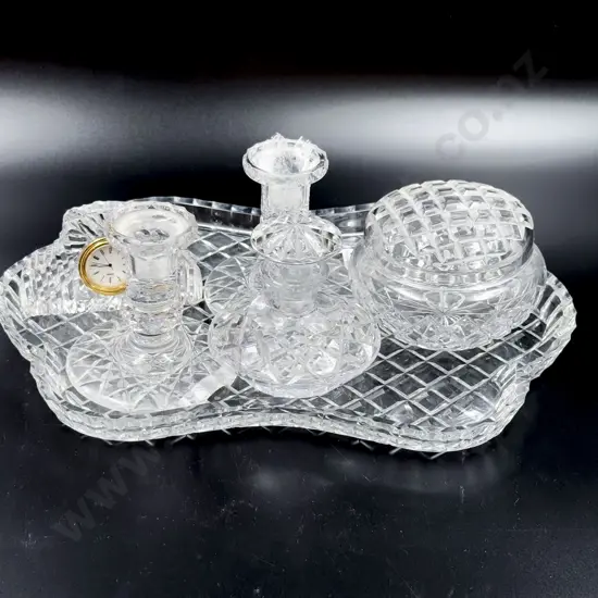 Crystal Vanity Tray With Pots Pair of Candle Sticks and Clock