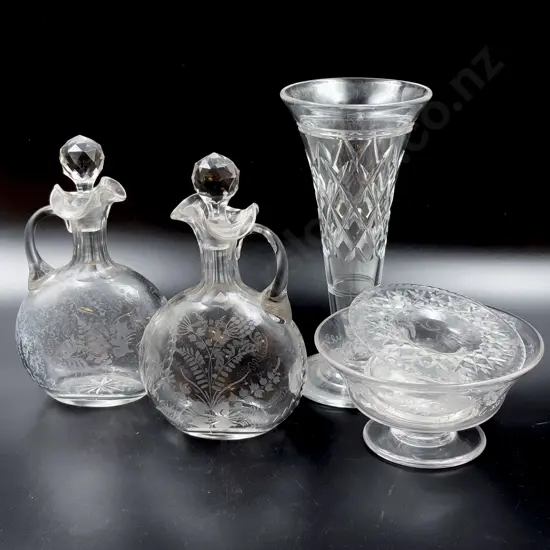 Pair of Wine Decanters with Small Fruit Bowl and Two Vases
