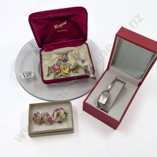 Floral China Two Brooches and Earrings Grouse Claw and Ann Klein Wrist Watch
