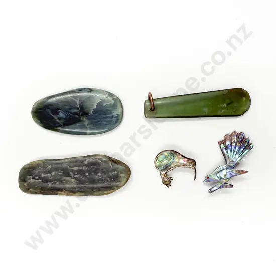 Greenstone Pendant with Two Other Pieces and Two Paua Brooches