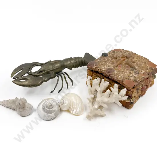 Vintage Shell Box with Shells and Brass Lobster