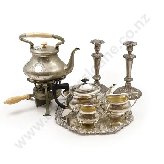S/P Three Piece Tea Set Incl. Tray and Candlesticks