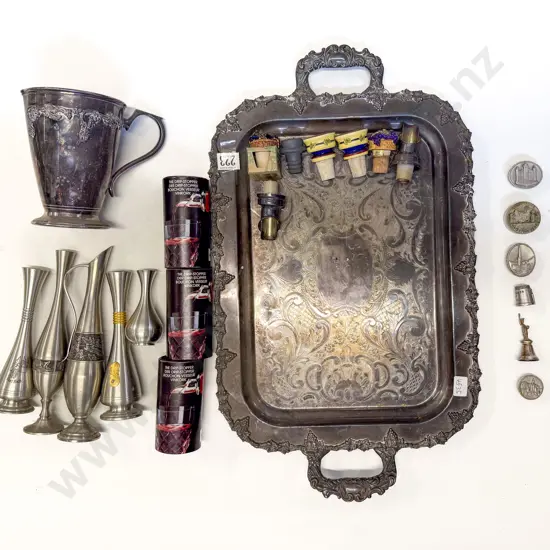 Various Decanter Stoppers with S/P Tray Jug and Pewter Vases