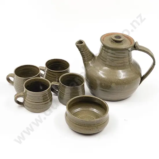 Nz Pottery Tea Pot with Three Mugs and Sugar Basin