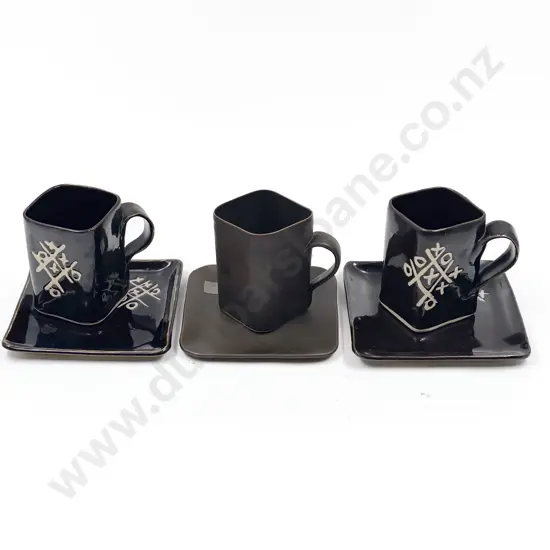 Three Evelyn Kelly Mugs with Matching Plates