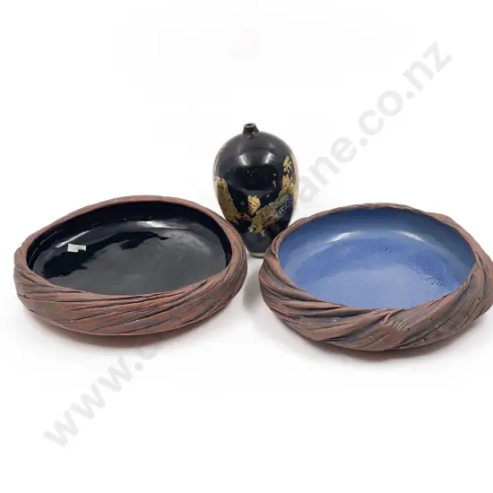 Two Evelyn Kelly Shallow Terracotta Bowls and Bud Vase