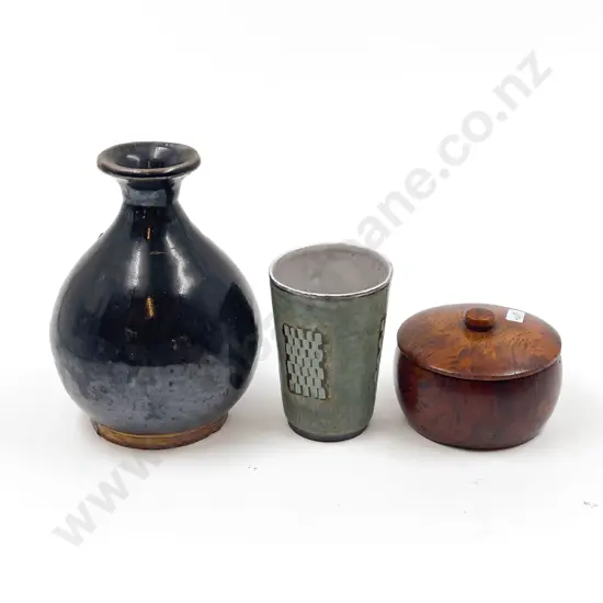 Two Nz Pottery Vases and Native Timber Lidded Box