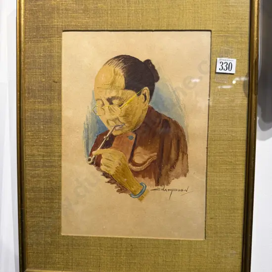 Indistinctly Signed Watercolour Portrait on Paper