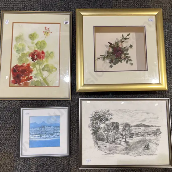 Framed Floral Diorama together with Floral Still Life & Two Prints