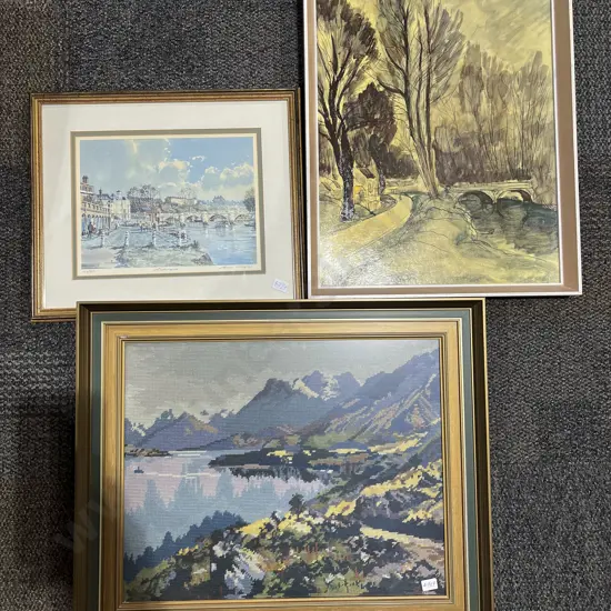 Framed Needlepoint Work & Two Prints