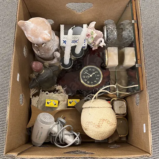 Box of Assorted Ornaments & Clocks etc