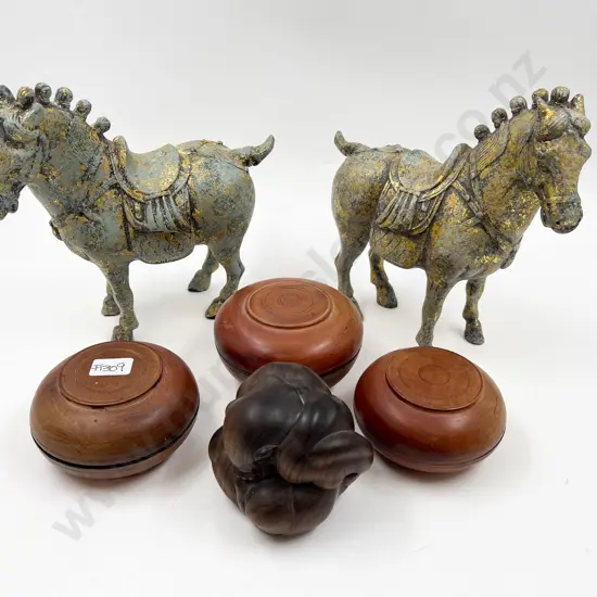 Three Treen Trinket Boxes together with Pair of Horses & Other