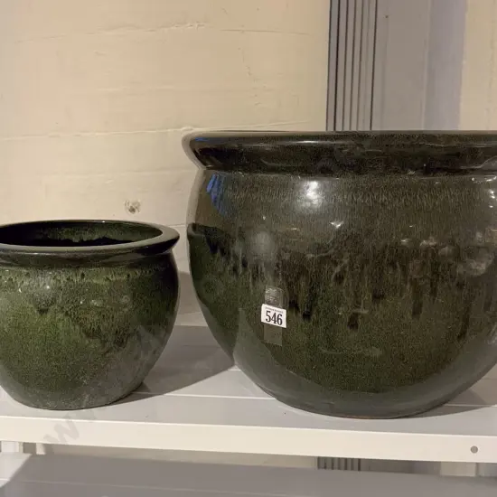 Green Glazed Terracotta Garden Pot with Smaller Example