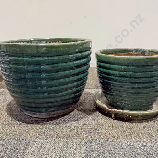 Green Glazed Terracotta Garden Pot with Smaller Example