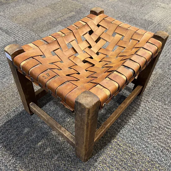 Oak Leather Strap Top Footstool