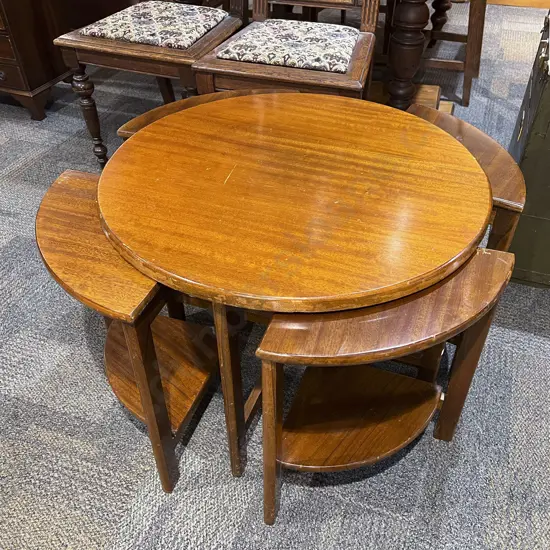 Solid Mahogany Circular Coffee Table with Nesting Quartet of Side Tables