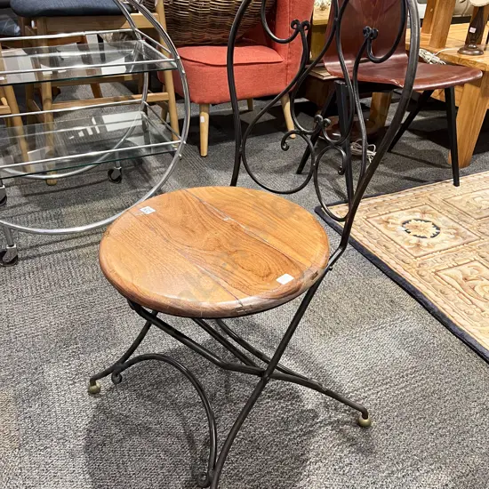 Wooden Seated Wrought Iron Folding Chair