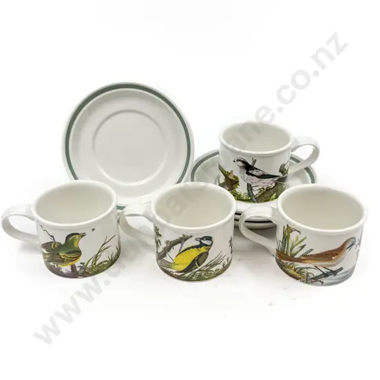 Four Portmeirion Bird Decorated Mugs & Saucers