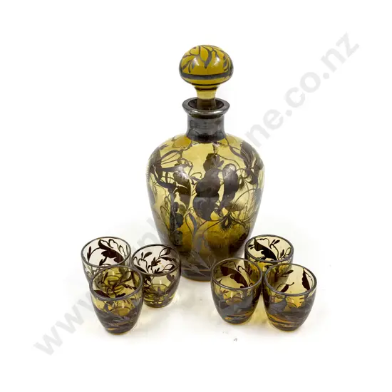 Silver Overlay Liqueur Decanter & Six Glasses