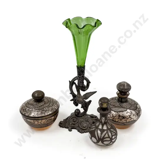 Art Nouveau Overlaid Scent Bottle together with Other Scent Bottle & Powder Bowl & Single Epergne