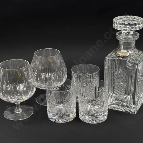 Crystal Whisky Decanter with S/S Label & Three Matching Tumblers & Two Stuart Crystal Brandy Balloons