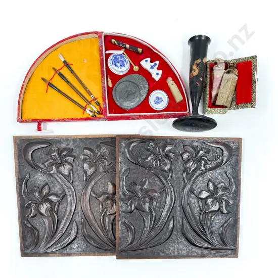 Two Relief Panels together with Calligraphy Set & Hardstone Seals