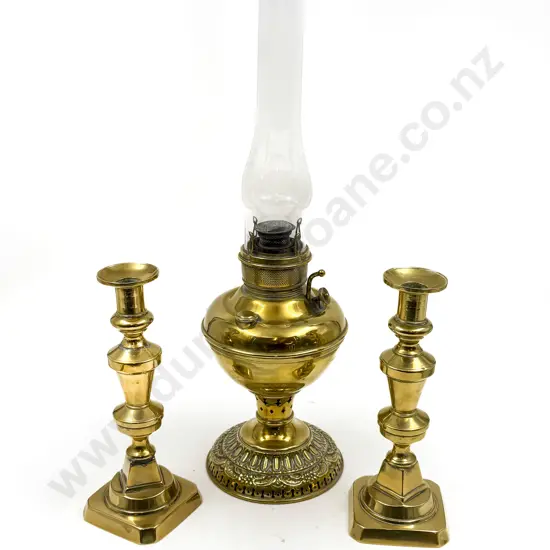 Pair of Brass Candlesticks together with Brass Kerosene Lamp