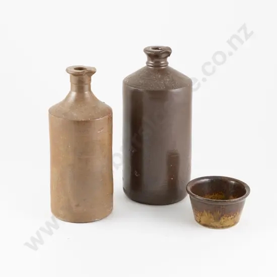 Two Stoneware Ink Bottles & Small Dish