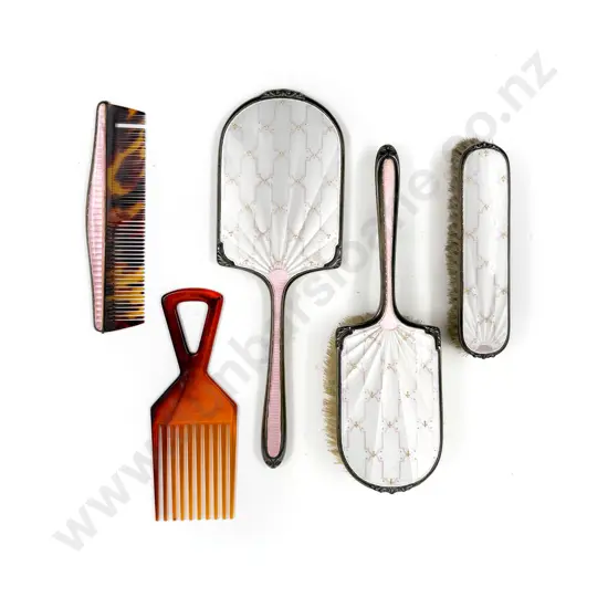 Three Piece S/S Enamelled Dressing Table Set together with Two Tortoiseshell Brushes