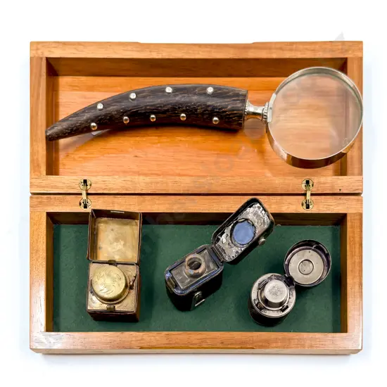 Three Vintage Pocket Inkwells with Magnifying Glass etc