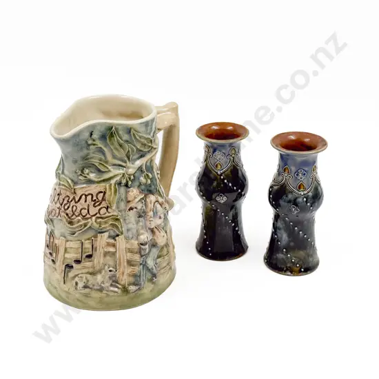 Pair Small Doulton Art Nouveau Stoneware Vases together with Relief Moulded Australian Jug