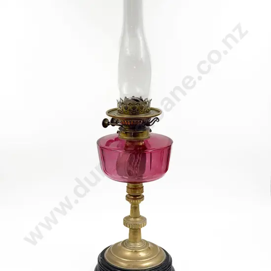 Brass & Cranberry Glass Kerosene Lamp