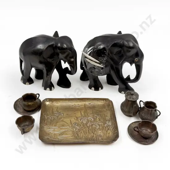Two Ebonised Elephants & Small Art Nouveau Miniature Teaset