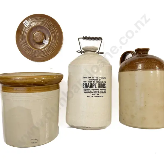 Lidded Stoneware Crock & Two Stoneware Bottles