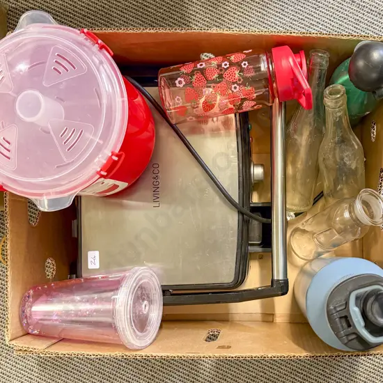 Box of Assorted vintage glass bottles, Sandwich Press, kitchen items ect