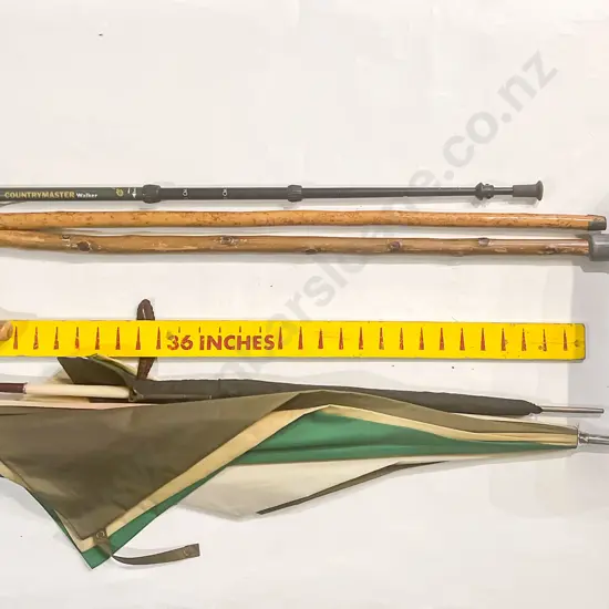 Quantity of Assorted Umbrellas Walking Sticks & Vintage Rules in Stoneware Crock