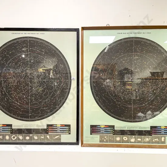 Two Framed Vintage Colour Maps "Northern Sky" & "Southern Sky"