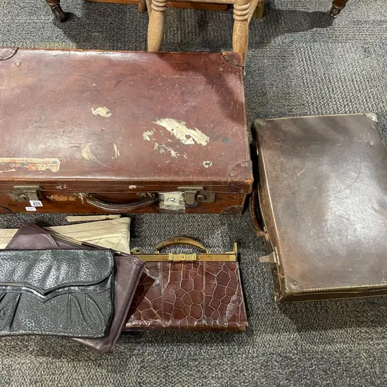 Vintage Leather Suitcase together with Assorted Ladies Bags & Smaller Suitcase