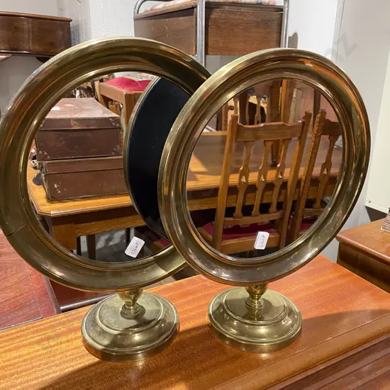 Pair of Brass Circular Dressing Mirrors on Stands
