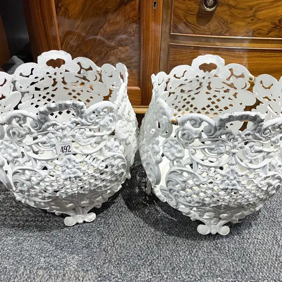 Pair of White Painted Wrought Metal Planters