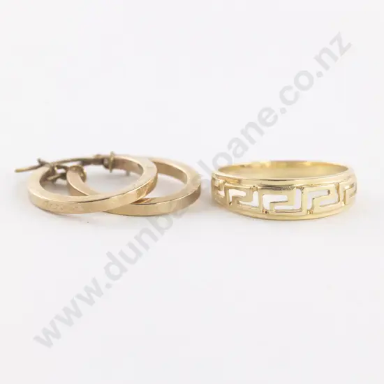 14ct Fancy Band Ring together with Pair 9ct Hoop Earrings