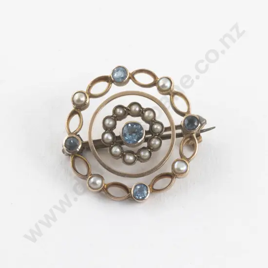 Edwardian 9ct Rose Gold Aquamarine and Seed Pearl Brooch