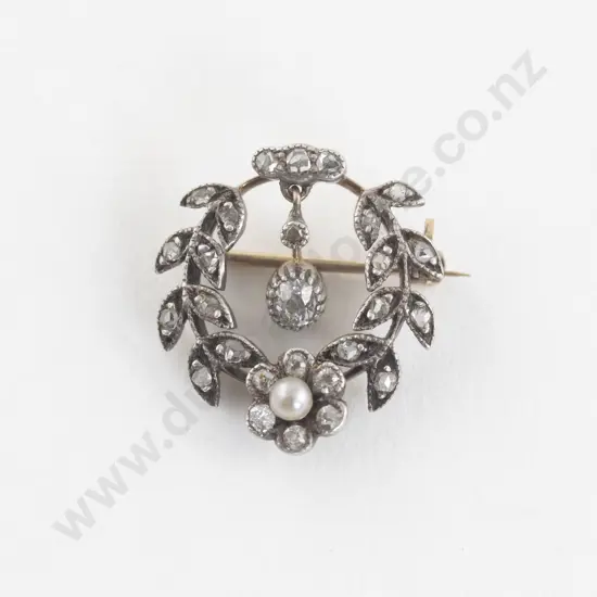 Victorian 18ct and Silver 28Stone Pearl and Diamond Brooch