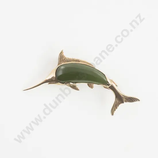 9ct NZ Greenstone Marlin Brooch