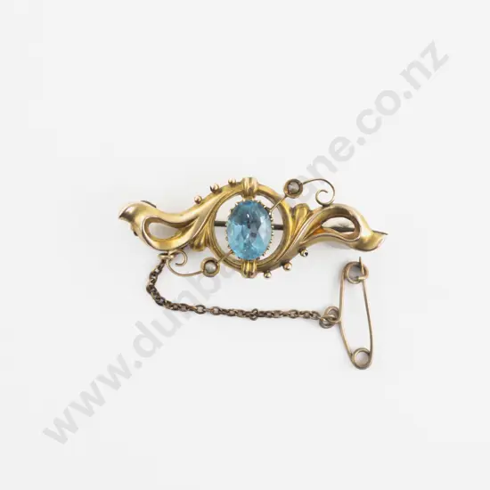 Victorian 9ct Three Stone Topaz and Pearl Scroll Brooch