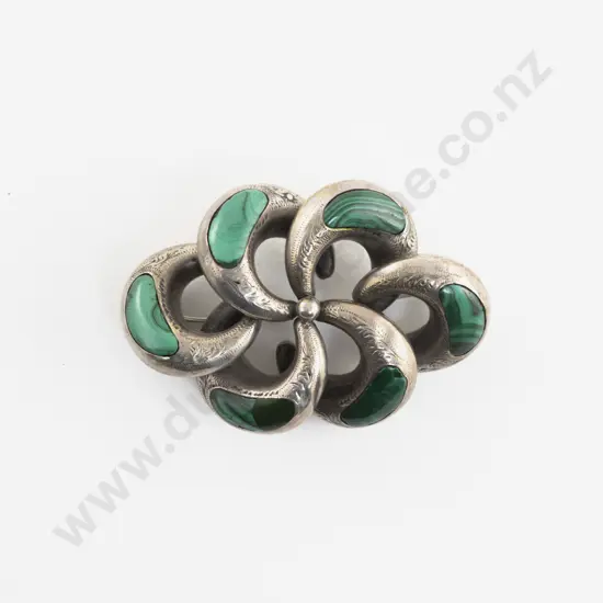Victorian Silver Malachite Scroll Brooch