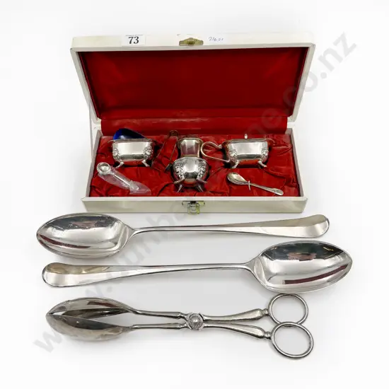 Boxed S/P Cruet Set together with Two Serving Spoons & Tongs