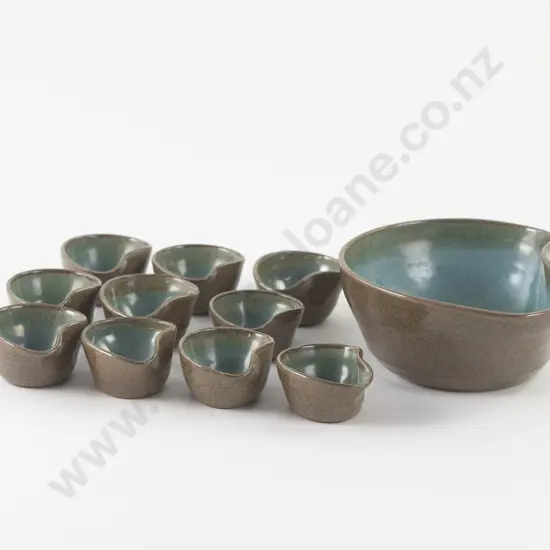 Elizabeth Lissaman Shaped Bowl and Ten Small Cups